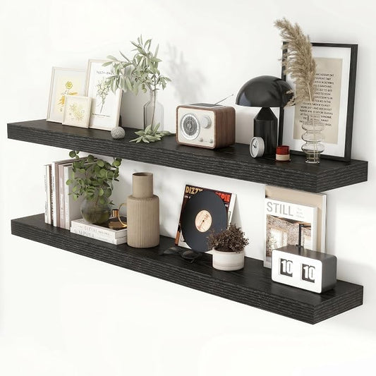 Heimlove 51 Inch Floating Shelves for Wall 8 Inch Deep Black Shelves Set of 2,Wall Mounted Rustic Wood Long Floating Shelf，Large Display & Storage Shelf with Invisible Brackets