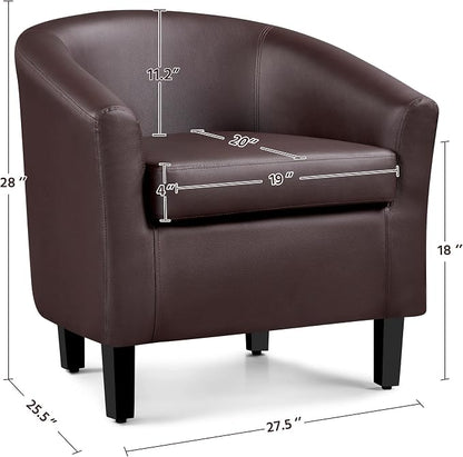 Topeakmart Accent Chair, Modern and Comfy Faux Leather Barrel Upholstered Club Chair with Wooden Legs for Living Room Bedroom, Set of 2, Espresso
