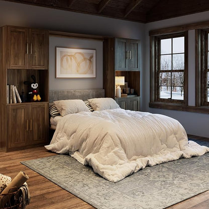 Bobve Farmhouse Murphy Bed Queen, 85" Wall Bed Folds to Save Space, Concealed Bed Frame with 2 Storage Cabinets and Wall Mounted Features for Apartment/Office/Guest Room