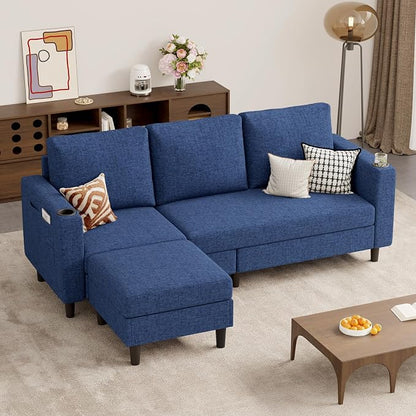 Luxanimarion Upholstered Sectional Sofa and Couches, 78'' L Shaped 3-seat Sofa forLiving Room, Apartment, Lounge,Bedroom-Washable Covers Convertible Sofas(Linen Fabric,Blue)