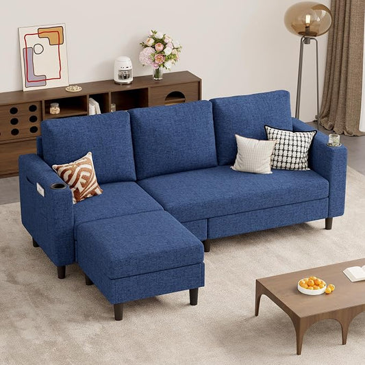 Luxanimarion Upholstered Sectional Sofa and Couches, 78'' L Shaped 3-seat Sofa forLiving Room, Apartment, Lounge,Bedroom-Washable Covers Convertible Sofas(Linen Fabric,Blue)