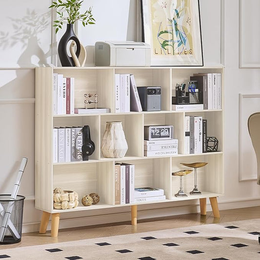 LEYAOYAO 10 Cube Bookshelf, 3 Tier Vintage 55" Wide Bookcase with Legs, Mid-Century Bookshelves Storage, Light Grey White Large Book Case, Freestanding Organizer Display Shelf for Living Room, Office