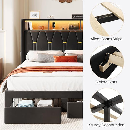 SHA CERLIN Queen Velvet Platform Bed Frame with 2 Storage Drawers, LED Storage Headboard with Charging Station, Upholstered Wingback Headboard, Noise-Free, No Box Spring Needed, Easy Assembly, Black