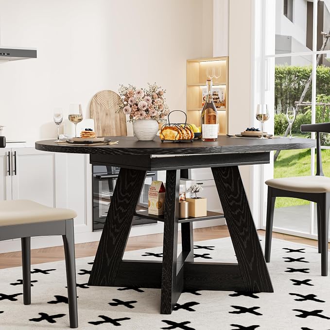 43.3in-59in Extendable Dining Table for 4-6, Round Kitchen Dining Room Table with Removable Leaves Space Saving, Space Saving, Wooden Cross Base with Storage Shelf for Kitchen Living Room (Black)