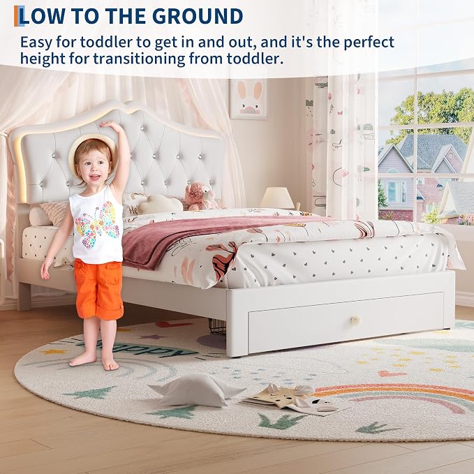 Garvee Full Size Bed Frame with LED Lights & Velvet Crystal Button Headboard, Upholstered Boy/Girl Platform Bed with Storage Drawer, Noise Free, No Box Spring Needed for Kids, Teens, Beige