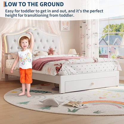 Garvee Full Size Bed Frame with LED Lights & Velvet Crystal Button Headboard, Upholstered Boy/Girl Platform Bed with Storage Drawer, Noise Free, No Box Spring Needed for Kids, Teens, Beige