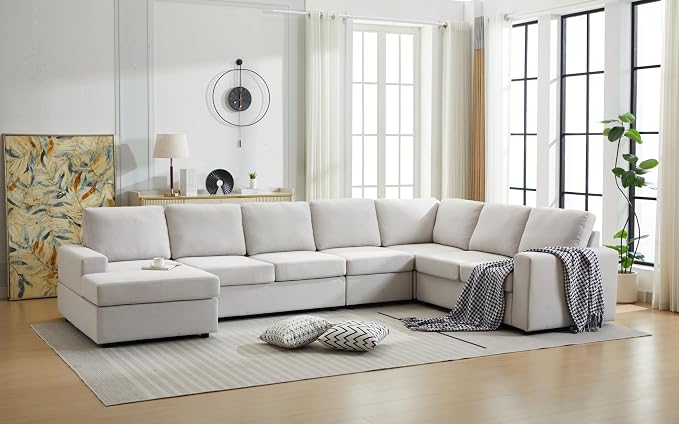 Ball & Cast 147" L-Shaped Sectional Couch for Living Room with Reversible Chaise & Removable Back Cushions,7 Seat Linen Upholstered Convertible Sectional Sofa Set,DIY Combination,for Home,Office,Beige