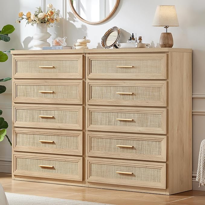 RWYHG Rattan Dresser Set for Bedroom with 5 Drawers 45" Tall Wood Closet Organizer with Metal Handle Furniture for Living Room Hallway Natural