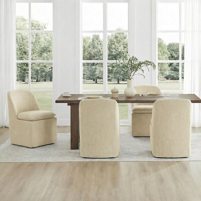 KISLOT Upholstered Dining Chairs Set of 4 with Casters, Modern Side Armless Deskchair with Washable Slipcover & Sturdy Metal Frame for Diningroom Bedroom Livingroom Reading Room, Sand Fabric