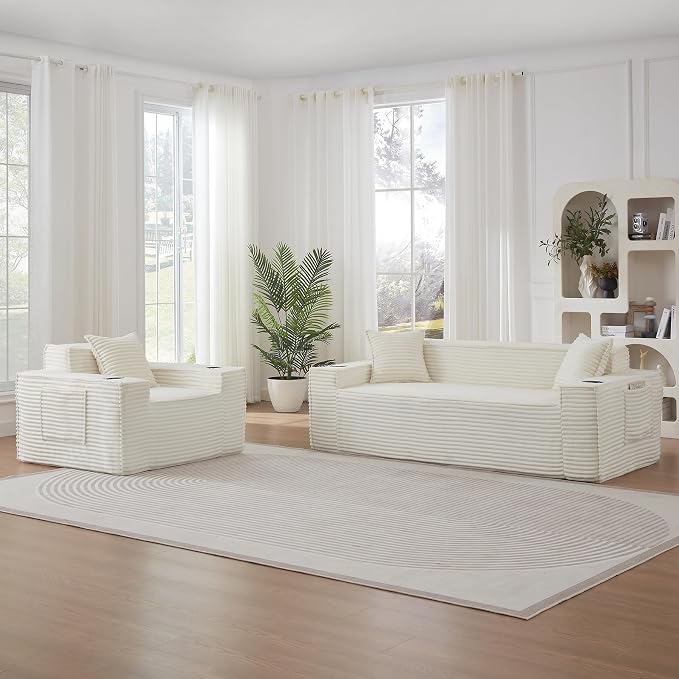 2 Pcs Living Room Cloud Sofa Set, Boneless Sofa Couches with Cup Holder with Side Pocket for Compact Living Rooms, Apartments (Beige White, Single Chair + 3 Seat Sofa)