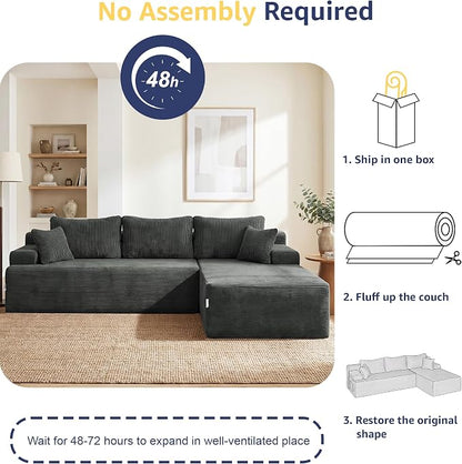 Hobestluk Modular Sectional Sofa Couches L-Shape Couch 3 Seat Modular Sofa Memory Foam Sectional Couches for Living Room, Cloud Couch with Oversized Chaise (Grey Corduroy, 96", Right Hand Facing)