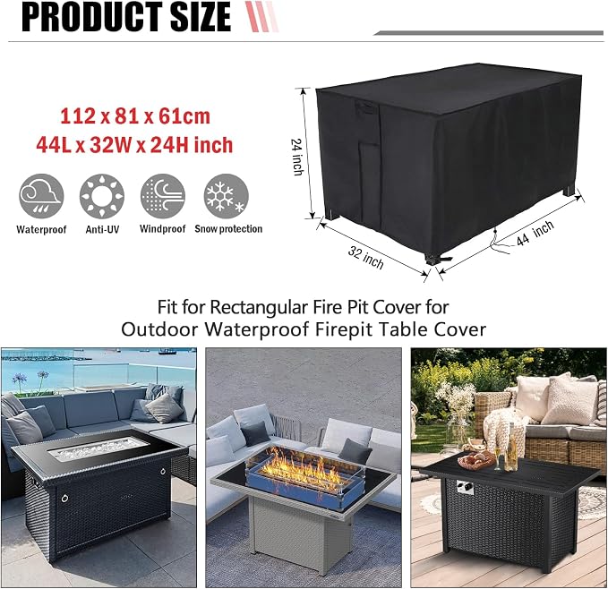 Fire Pit Cover Rectangular 44 Inch,Propane Gas Fire Pit Table Cover,Outdoor Waterproof Firepit Table Cover - 44 X 32 X 23 Inch