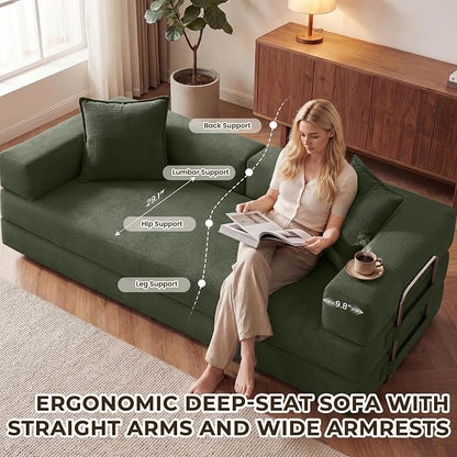 GRUSIGN 78 Inch Convertible Sofa Bed, 5-in-1 Futon Sofa Bed Pull Out Couch, Boneless Couch Bed for Living Room, Corduroy Boneless Couches for Bedroom, Apartment, No Assembly Sleeper Sofa Bed, Green