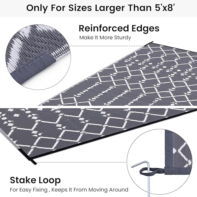 Smiry Outdoor Rug 8x10 ft, Waterproof Reversible Plastic Straw Rugs, Boho Outdoor Area Rug, Outside Floor Mat for Patio, Backyard, Deck, Picnic, Beach, Camping, Grey