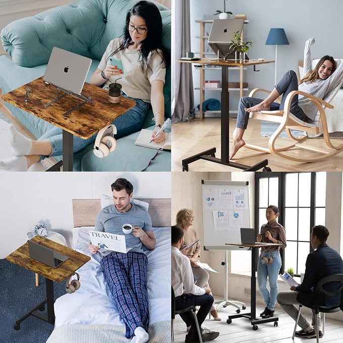 18.9*25.6 inch Mobile Standing Desk,T Shaped Pneumatic Adjustable Height Stand Up Desk,with Lockable Wheels,Ergonomic Standing Side Table for Home Office Work Computer Workstation BROWN+BLACK