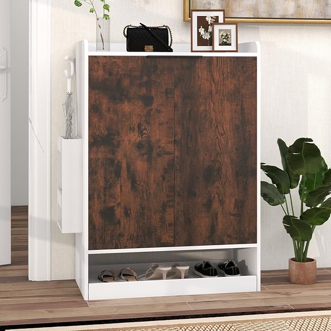 Verano Garden Shoe Cabinet with Doors, 7-Tier Wood Shoe Storage Cabinet with 4 Adjustable Shelves, No Bend Shoe Rack Organizer with Umbrella Stand&Drawer, 43" Tall Shoe Organizer for Entryway