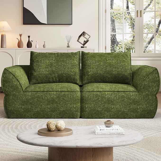 76.4" Cloud Loveseat Sofa, Deep Seat Couch with Pillows, Modern Comfortable Upholstery Boneless Sofa, 1 piece for Living Room, Bedroom, Apartment, Removable Cover，No Assembly Required, Algae Green