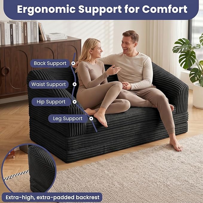 JUIKURY Convertible Sofa Bed, 3-in-1 Foldable Loveseat Couch with Armrest, Corduroy Floor Sofa & Sleeper Bed, No Assembly High-Density Foam Futon Mattress for Living Room, Small Apartment, Dorm