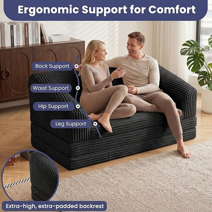 JUIKURY Convertible Sofa Bed, 3-in-1 Foldable Loveseat Couch with Armrest, Corduroy Floor Sofa & Sleeper Bed, No Assembly High-Density Foam Futon Mattress for Living Room, Small Apartment, Dorm