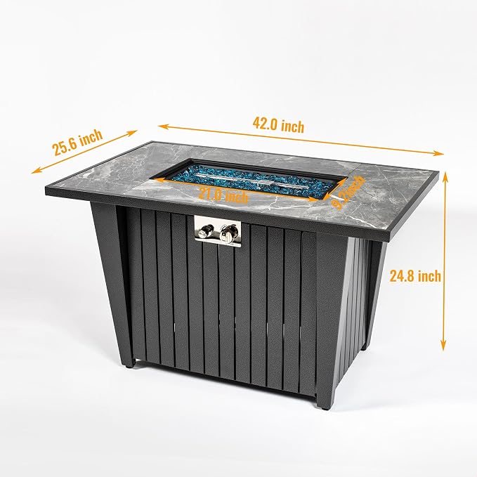 42" Propane Gas Fire Pit Table 50000 BTU Rectangular Outdoor Fire Pit with Marble Tile Tabletop Glass Wind Guard, Steel Patio Fire Table & Lid, Blue Glass Beads & Rain Cover for Backyard Garden, Gray