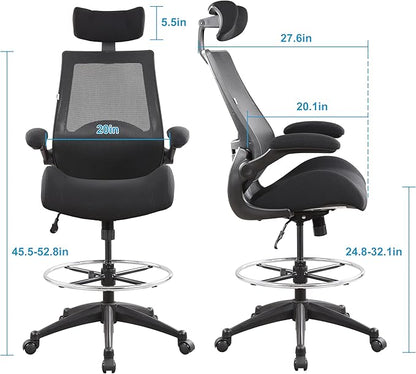 BOLISS Drafting Tall Office Chair 400lbs High Back Wide Standing Desk Chair Comfortable with Flip up Armrests Lumbar Support Adjustable Big Footrest Ring(Black)
