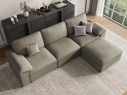 EASE MOOSE Leather Sectional Couch, Oversized Modular Sectional Sofas, Wide Deep Seat Modular Couch, Scratch Resistant Faux Leather Material, L Shaped Sofa for Big Spaces，Light Grey