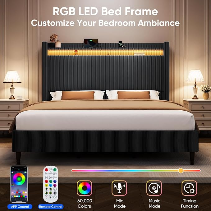 King Size Bed Frame with Tall Headboard, 55.3" Corduroy Upholstered Platform Bedframe with LED Lights & Charging Station, King Beds Wingback Storage Headboard, No Box Spring Needed, Wood Slats, Black