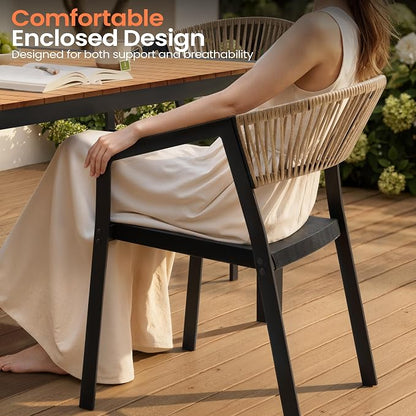Pellebant Aluminum 11-Piece Outdoor Dining Table Set for 8-10 Person | Patio Stackable Chair with U-Shaped Wicker Backrest, 94" Table with Wood-Grain Top & Umbrella Hole, Aluminum Frame Furniture