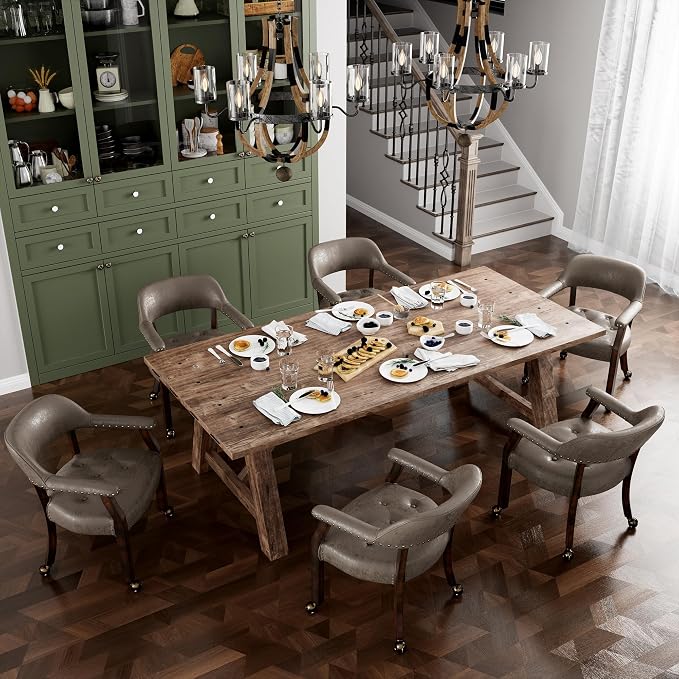 LEEMTORIG Large Dining Chairs with Casters and Arms, Rolling Dining Chairs with Wheels, Boss Caption's Chairs, 26" D x 25.2" W x 31.5" H, Espresso Legs & Dark Brown Fabric SY-318-DK