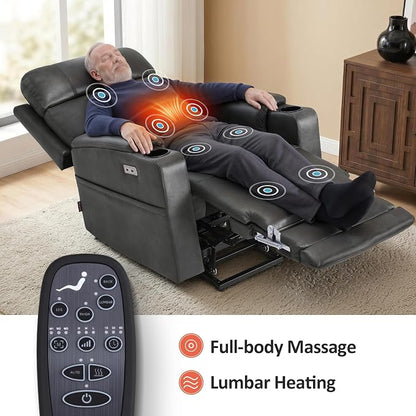 MCombo Lift Chair for Tall Man 6‘6’’, Dual Motor Power Lift Recliner Chair for Elderly, Lay Flat for Sleeping, Heat and Massage, USB & Type C, Faux Leather 7755 (Grey)