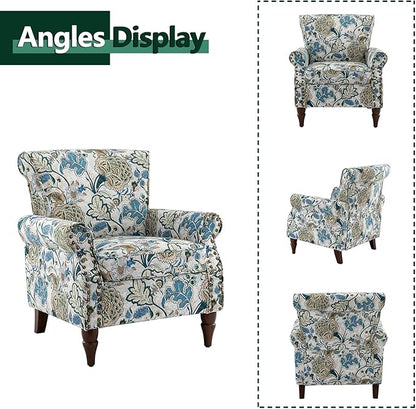 HULALA HOME Modern Wingback Accent Chairs Set of 2 with Wood Legs & Removable Cushion, Comfy Upholstered Armchairs with Nailhead Trim, Floral Pattern Single Sofa Chairs for Living Room Bedroom, Green