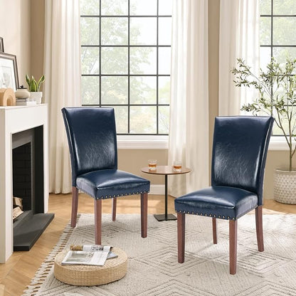 Parsons Dining Chairs Set of 2, Upholstered Nailhead PU Leather Dining Room Kitchen Side Chair with Thick Cushions and Wood Legs, Blue
