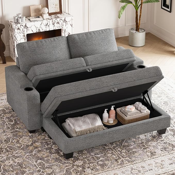Belffin Sectional Sofa Bed with Storage Ottoman Small Modular Couch with Cup Holder Apartment Couch Light Grey