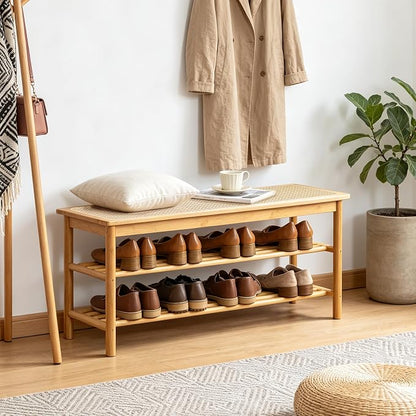 SOBIBO Bamboo Shoe Rack Bench with Rattan Seat, 3-Tier Shoe Storage Bench, Entryway Bench for Hallway,Nature-39.4 inches