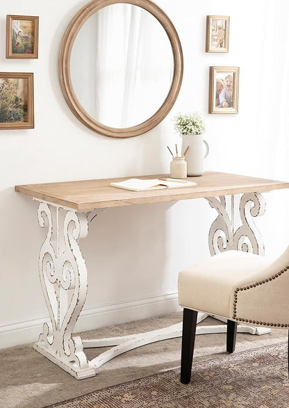 Kate and Laurel Wyldwood Farmhouse Wooden Desk; 46 x 24 x 30; Brown and White; Rustic Carved Wood Computer Desk for Functional and Stylish Home Office Decor