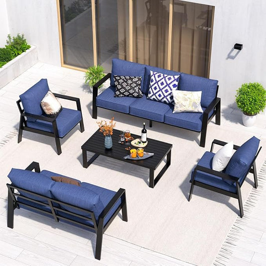 Aluminum Outdoor Patio Furniture Set, 5 Piece Sectional Coversation Sets with Coffee Table, Modern Outdoor Sofa Couch with Thick Cushions for Porch, Balcony, Garden (Black/Blue, 5 Pcs Set)