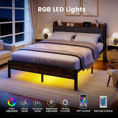 Liians Queen Size Bed Frame with Wood Headboard, Metal Platform Bed with USB Charging Station and Smart LED Lights, No Box Spring Needed, Easy Assembly