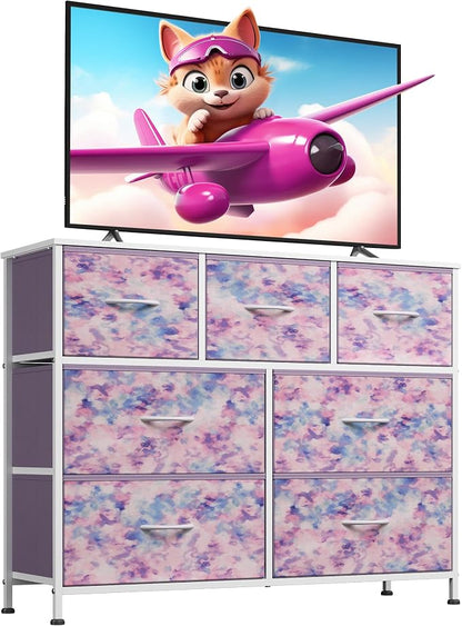 WLIVE 7 Drawer Dresser TV Stand, Entertainment Center, Media Console Table with Wood Top for TV up to 45 inch, Chest of Drawers for Bedroom, Living Room, Tie-dye Print (Pink, Purple, Blue)