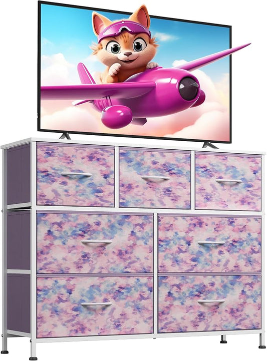 WLIVE 7 Drawer Dresser TV Stand, Entertainment Center, Media Console Table with Wood Top for TV up to 45 inch, Chest of Drawers for Bedroom, Living Room, Tie-dye Print (Pink, Purple, Blue)
