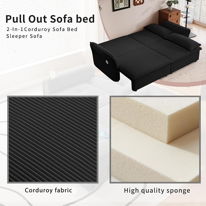 85" Pull Out Sofa Bed Full Size, Pre-Assembled Corduroy Sleeper Sofa, Convertible Loveseat Futon Couch with Storage Ottoman, USB, Pillows, for Apartment, Living Room, Small Spaces, Black