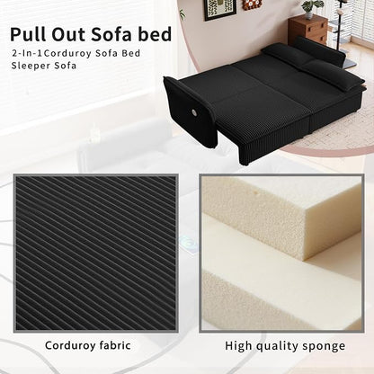 85" Pull Out Sofa Bed Full Size, Pre-Assembled Corduroy Sleeper Sofa, Convertible Loveseat Futon Couch with Storage Ottoman, USB, Pillows, for Apartment, Living Room, Small Spaces, Black
