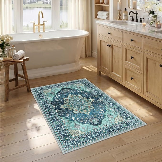 RELEANY Area Rugs Small 2'6"x4' Washable Non-Slip, Floral Vintage Distress Medallion Carpet for Kitchen Entryway Bathroom, Teal Green Lake Blue Turquoise