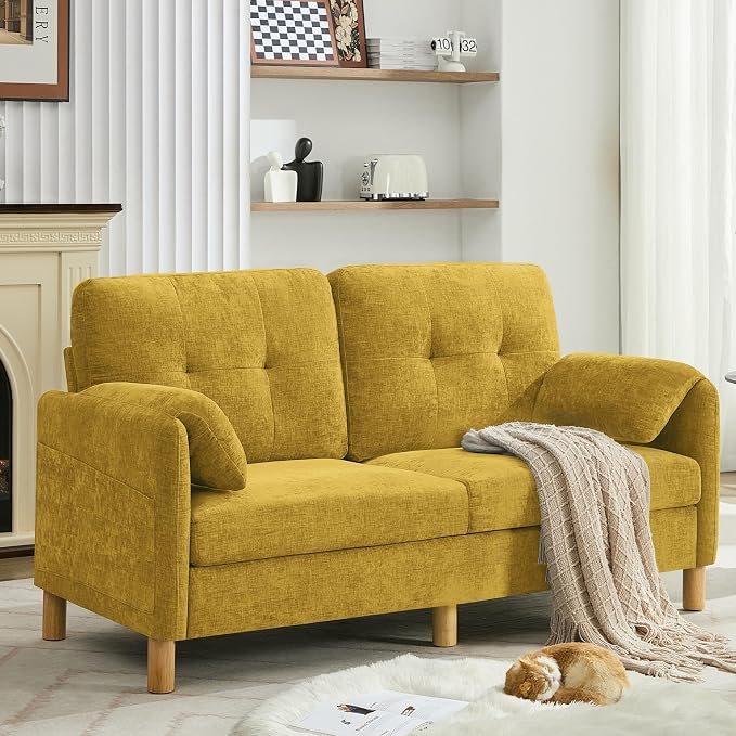WUTUTUEE 65" Chenille Loveseat Sofa, Modern 2-Seater Love Seat Couch with Armrest Pillows, Storage Pockets, Easy Assembly, Upholstered Tufted Loveseat Couches for Living Room Bedroom, Yellow