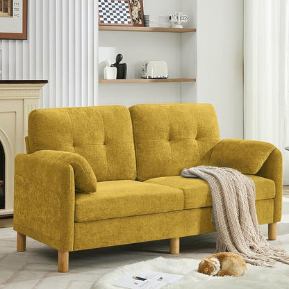 WUTUTUEE 65" Chenille Loveseat Sofa, Modern 2-Seater Love Seat Couch with Armrest Pillows, Storage Pockets, Easy Assembly, Upholstered Tufted Loveseat Couches for Living Room Bedroom, Yellow