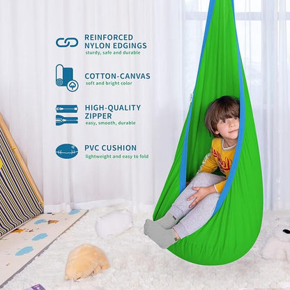 OUTREE Kids Pod Swing Seat, Cotton Child Hammock Swing Chair, Sensory Swing for Indoor and Outdoor Use, Green and Blue