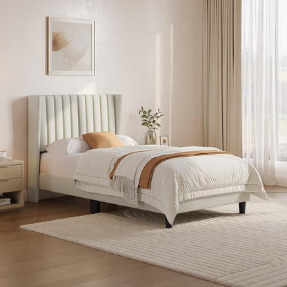 Yaheetech Twin Bed Frame Upholstered Platform Bed with Fabric Headboard, Wing Edge Design/Non-Slip and Noise-Free/Wooden Slats Support/No Box Spring Needed/Easy Assembly, Ivory Twin Bed