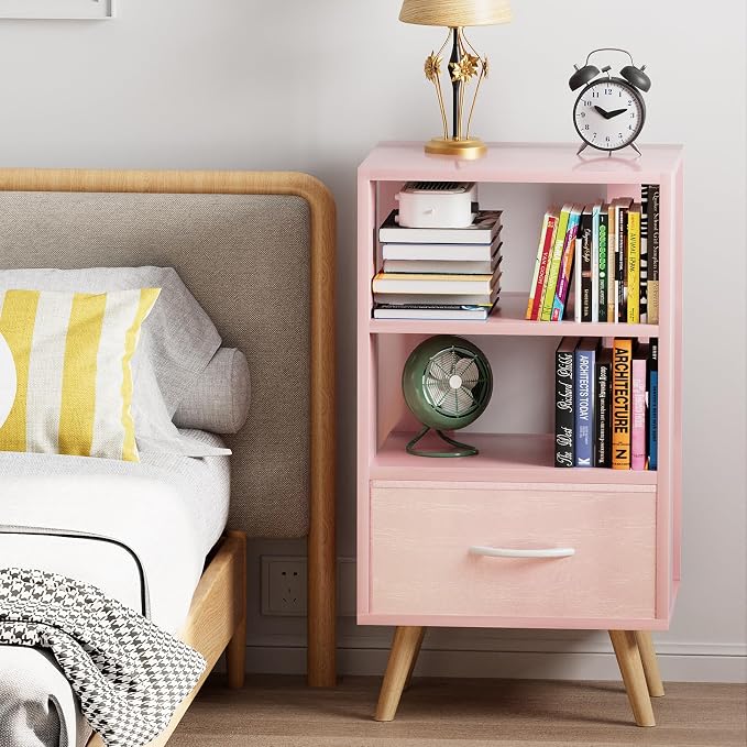 Aenuert Night Stand, Pink Nightstand with Drawer, Side Table with Open Storage, 3-Tier Modern End Table, Bedside Table for Small Space, Living Room, Bedroom
