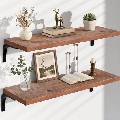 12 Inch Deep Floating Shelves Set of 2, 36 Inch Extra Wide Rustic Brown Solid Pine Wood Wall Shelves, 3ft Heavy Duty Wall Mounted Bookshelf with 100 lbs Capacity for Kitchen & Living Room