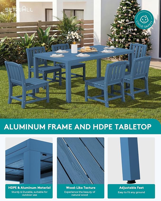 SERWALL Outdoor Expandable Dining Table 60" - 83", Blue | Patio Dining Table for 4-8 People, All Weather HDPE and Aluminum Outdoor Furniture