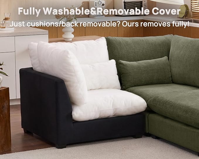 77" Oversized Chenille Couch Modular Sectional Sofa, Washable Cloud Couch Sectional with Ottoman, 3 Seater Sectional Couches for Living Room, Fully Cover Removable, L Shaped, Chenille, Green